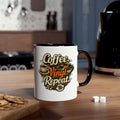 A white ceramic coffee mug with a black handle and interior, featuring a graphic that reads 'Coffee Vinyl Repeat' in stylized lettering with a coffee cup and vinyl record illustration. The mug sits on a wooden table in a kitchen setting with cookies and sugar cubes nearby.