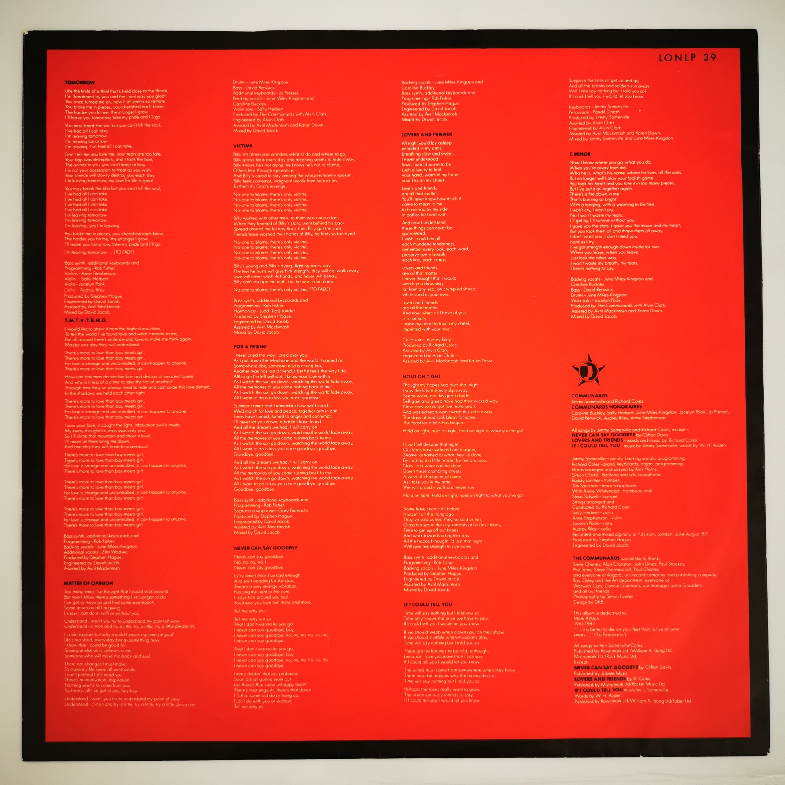 The Communards – Red Vinyl LP Record