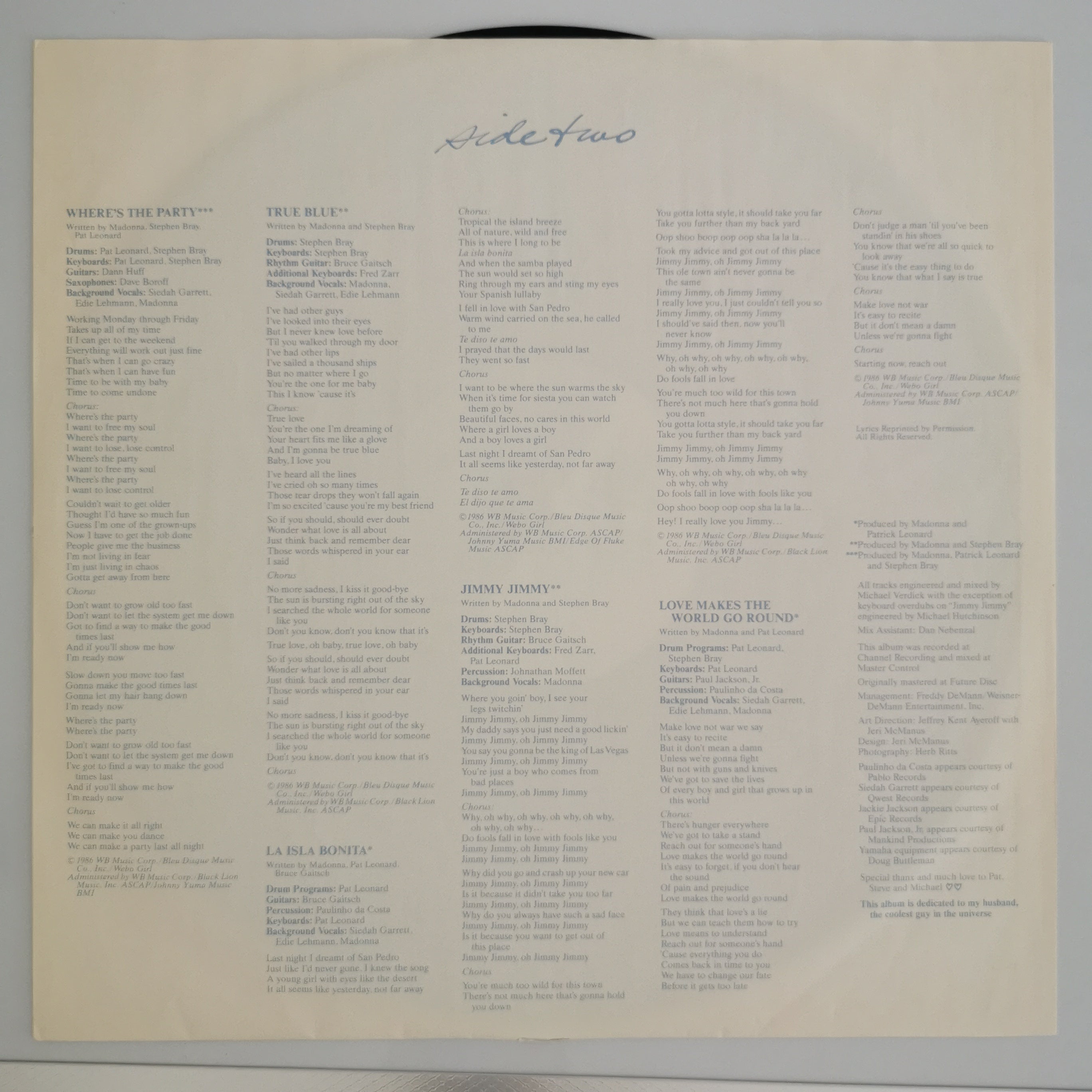 Madonna True Blue Vinyl LP Record 1986
