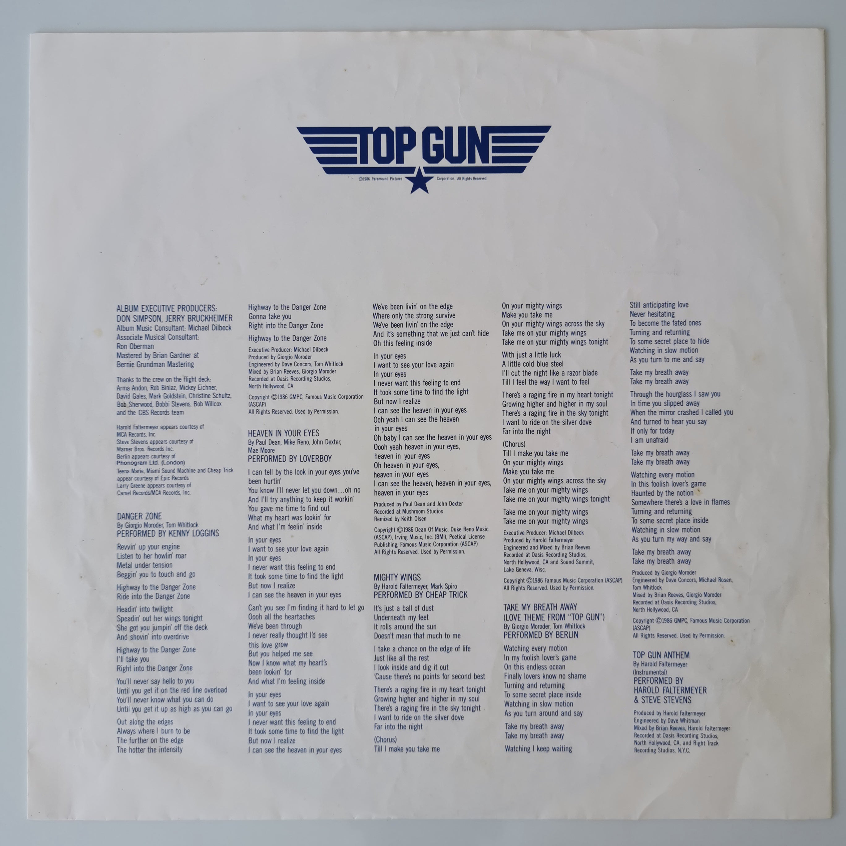 Top Gun (Original Motion Picture Soundtrack) Vinyl LP 1986