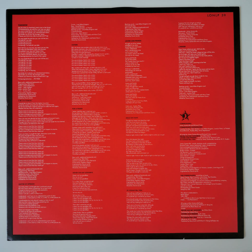 The Communards – Red Vinyl LP Record 1987