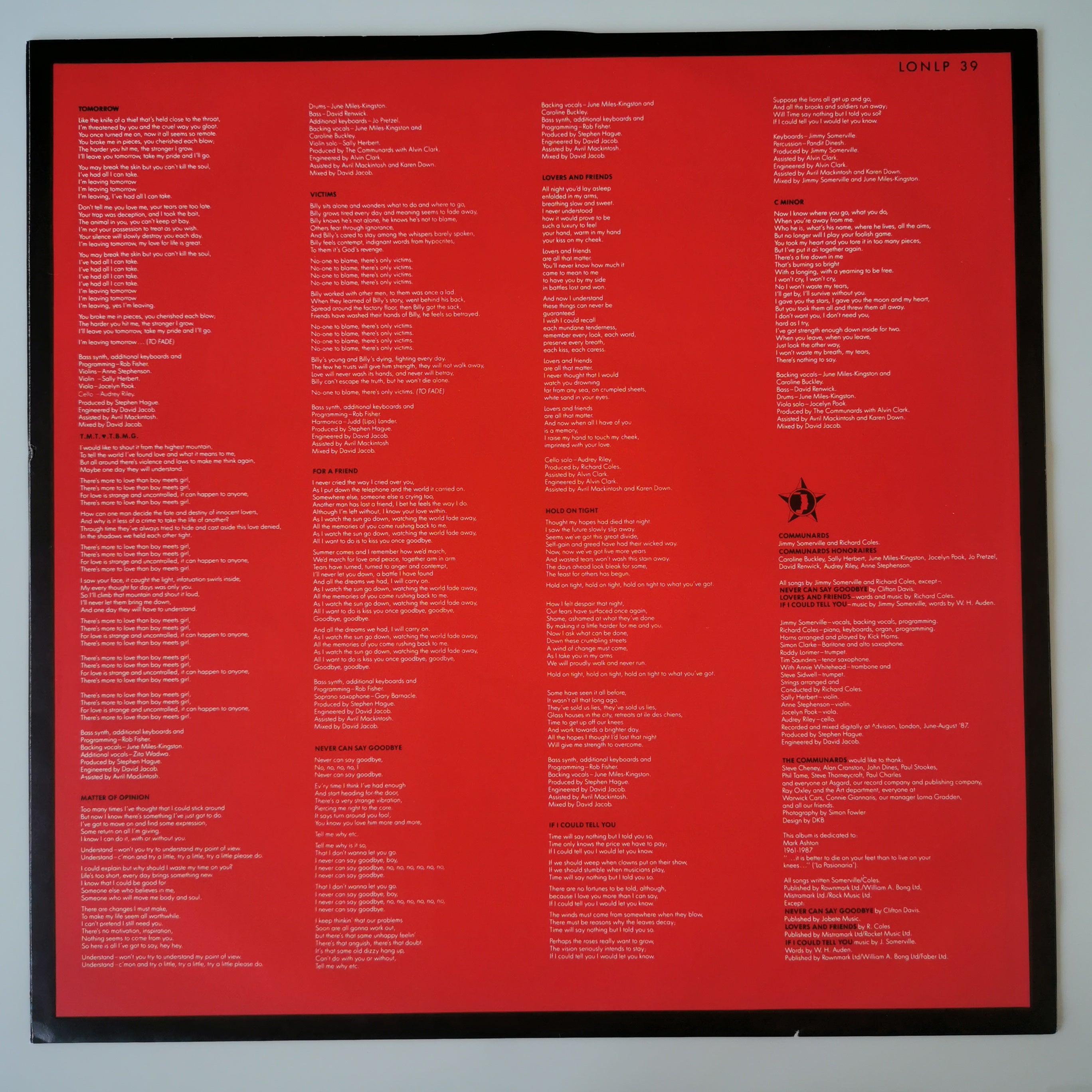 The Communards – Red Vinyl LP Record 1987