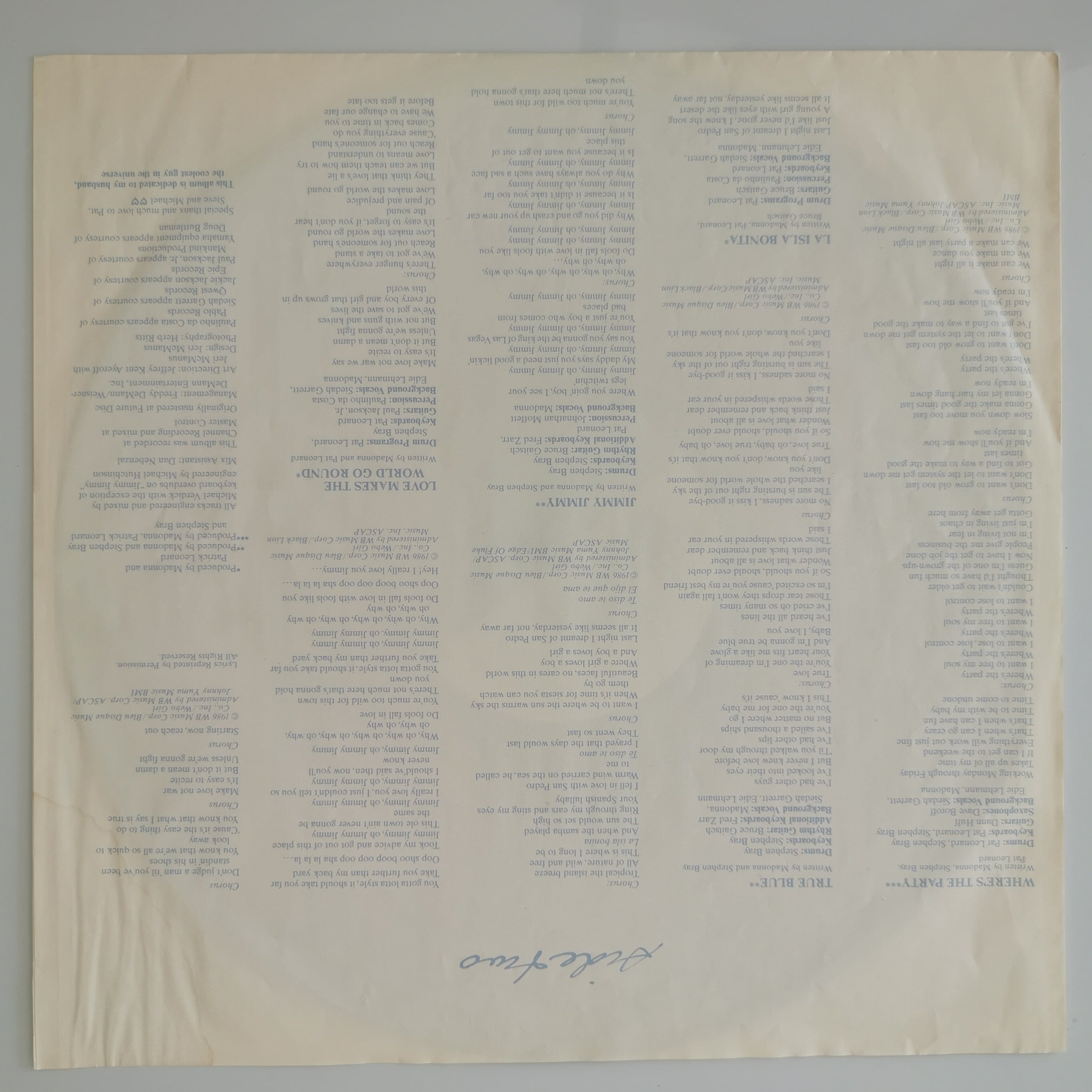 Madonna True Blue UK Vinyl LP Record