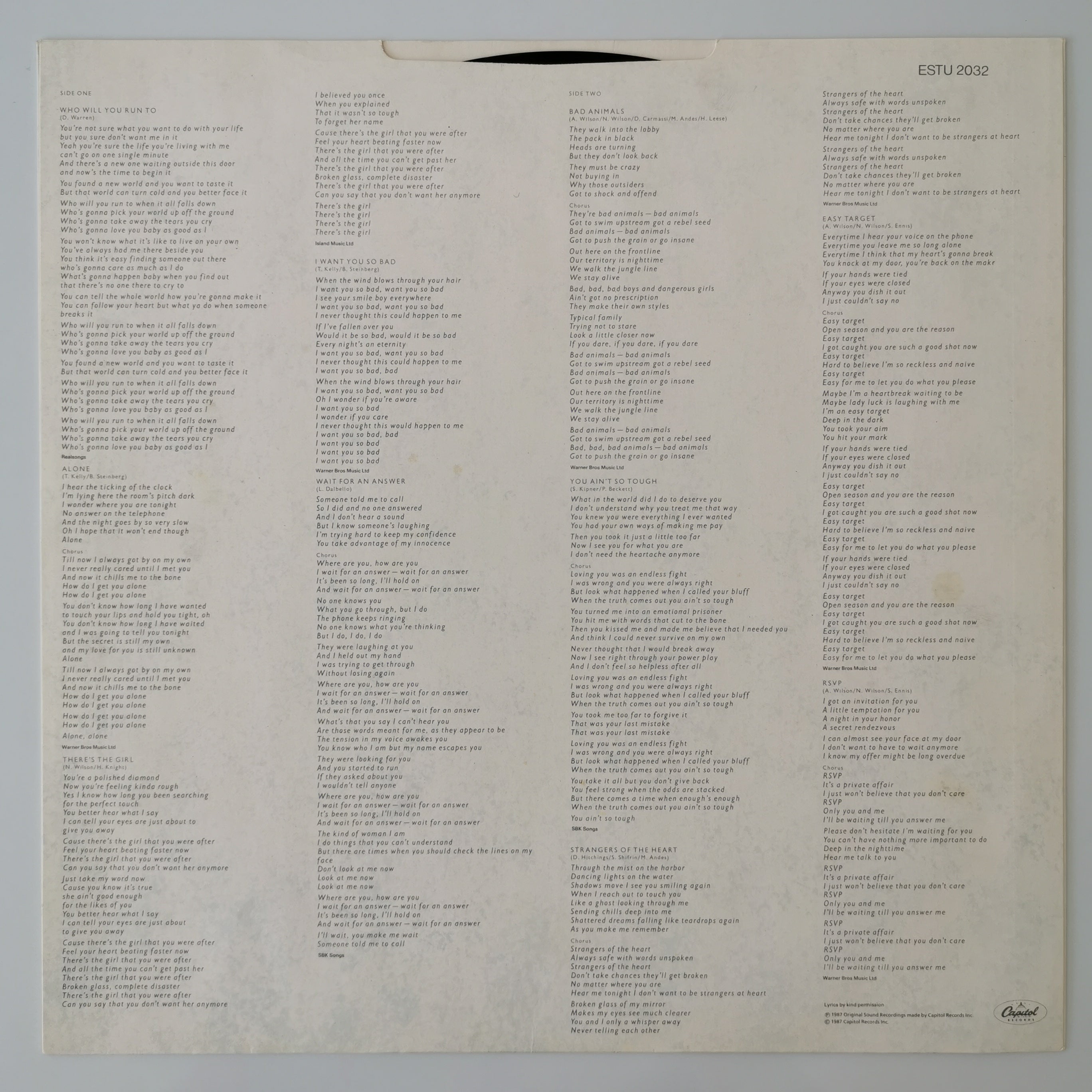 Heart – Bad Animals Vinyl LP 1987
