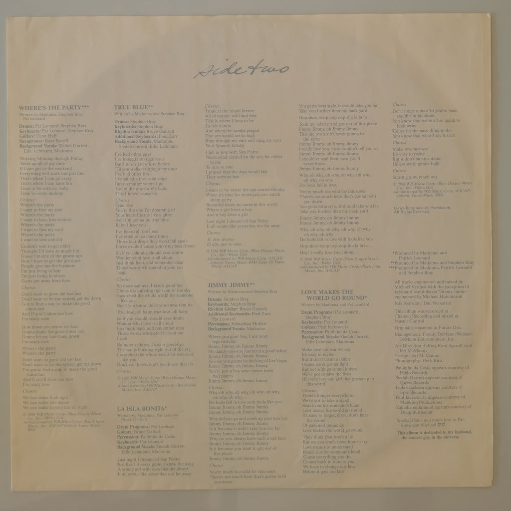 Madonna True Blue Vinyl LP 1986