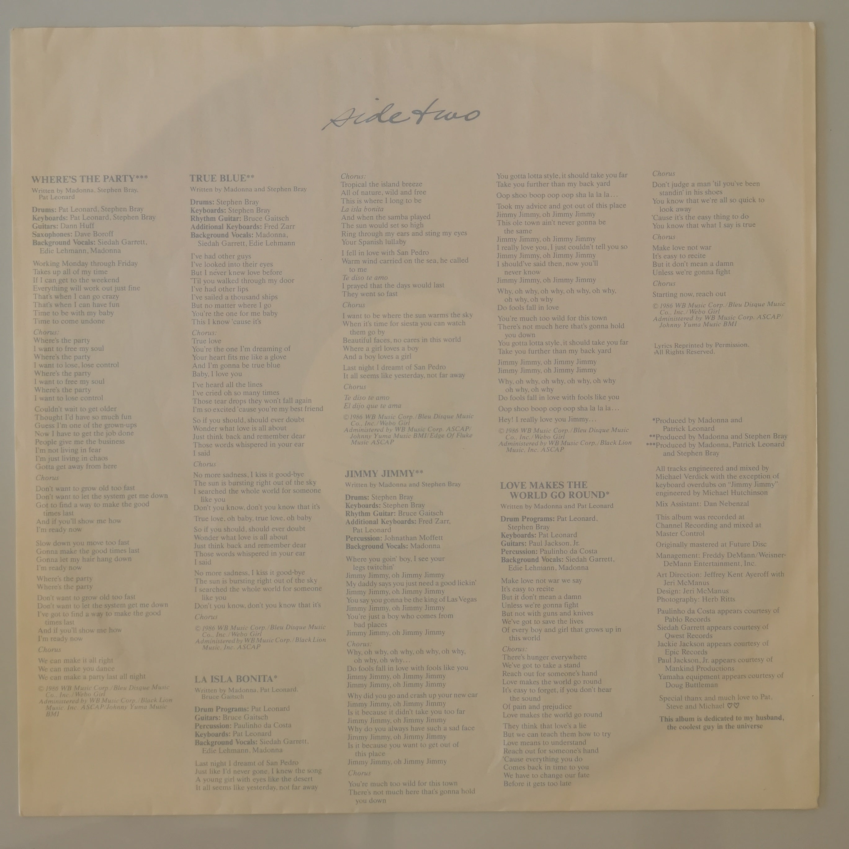 Madonna True Blue Vinyl LP 1986
