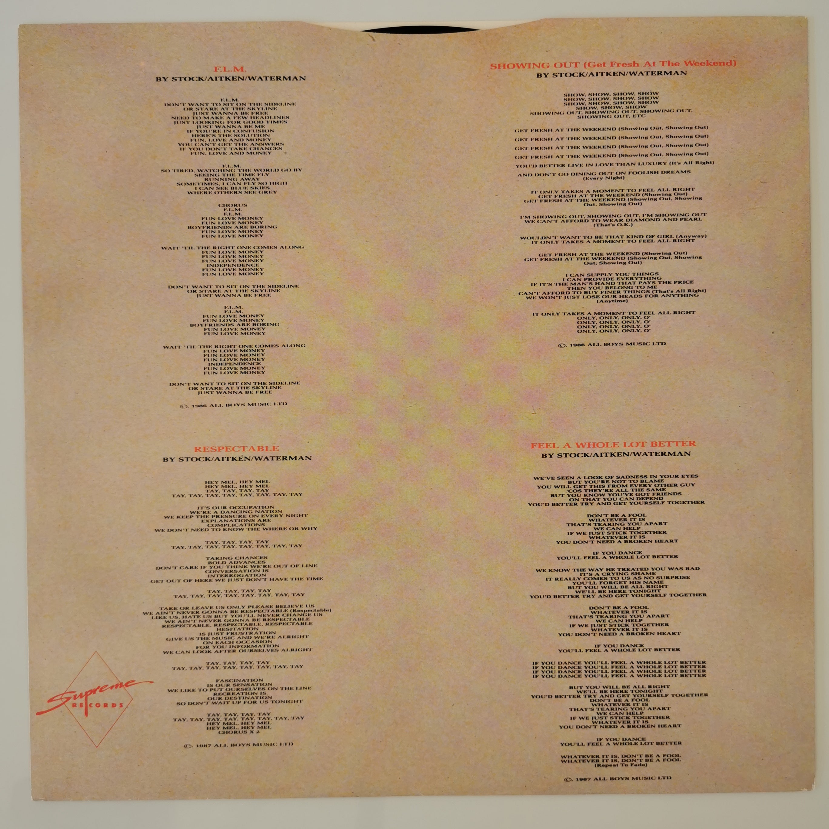 Mel & Kim F.L.M. Vinyl LP 1987
