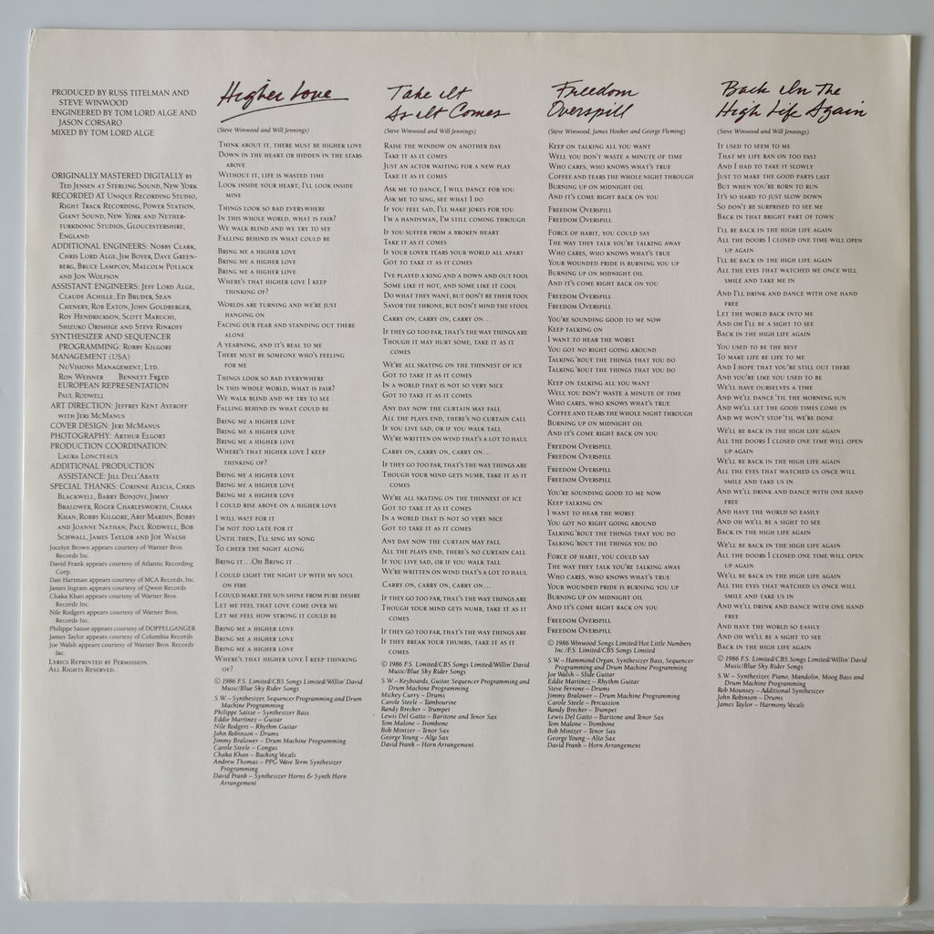 Steve Winwood – Back in the High Life (1986) Vinyl LP Record