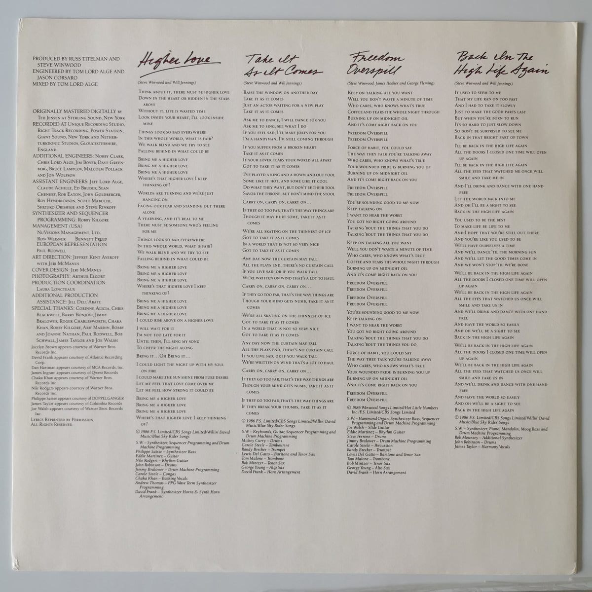 Steve Winwood – Back in the High Life (1986) Vinyl LP Record