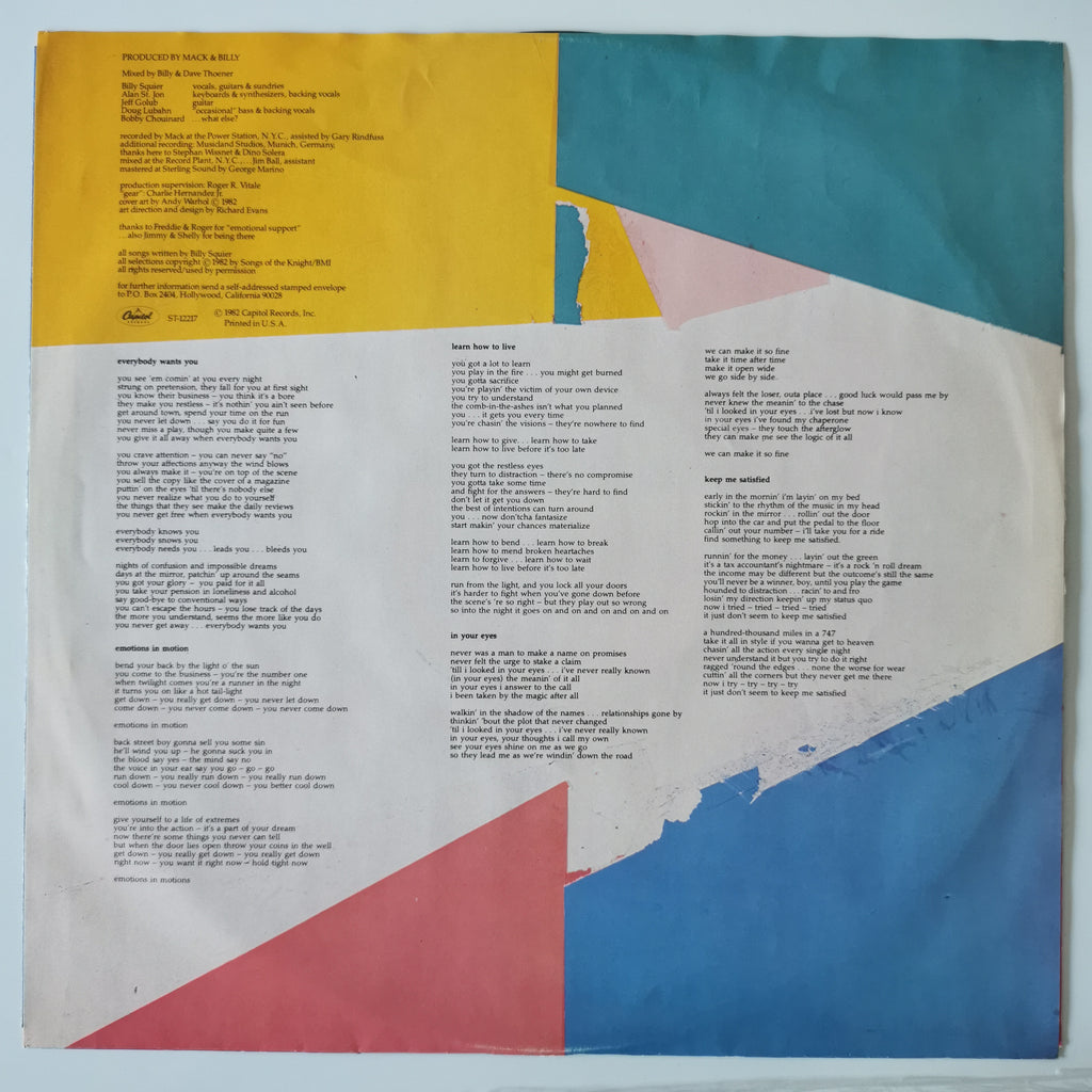 Billy Squier – Emotions in Motion (1982) Vinyl LP Record