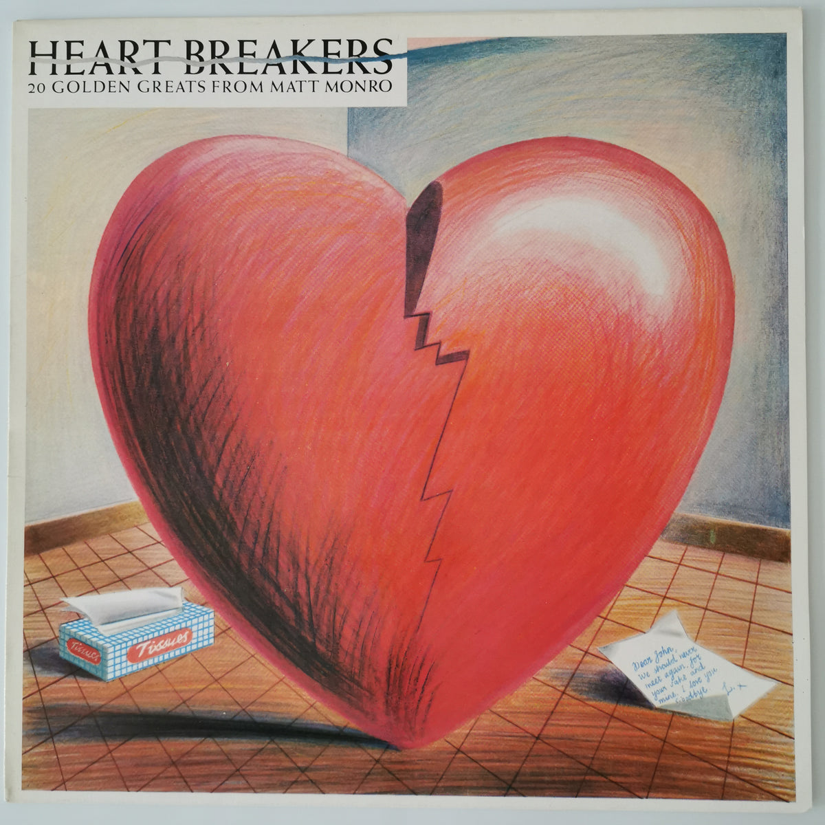 Album cover for Matt Monro's 'Heart Breakers' featuring a large cracked red heart on a checkered floor, with a tissue box and a note in a room setting.