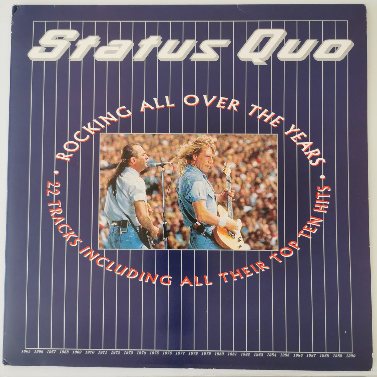The album cover of Status Quo's 'Rocking All Over the Years', featuring a dark blue pinstripe background with white text and a central color photograph of the band performing live.