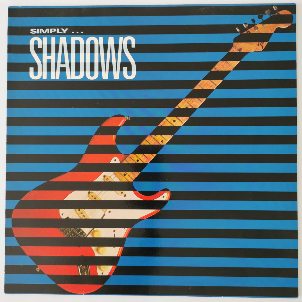 Vinyl record cover for Simply Shadows, featuring a red and white electric guitar overlaid with black and blue horizontal stripes against a blue striped background.