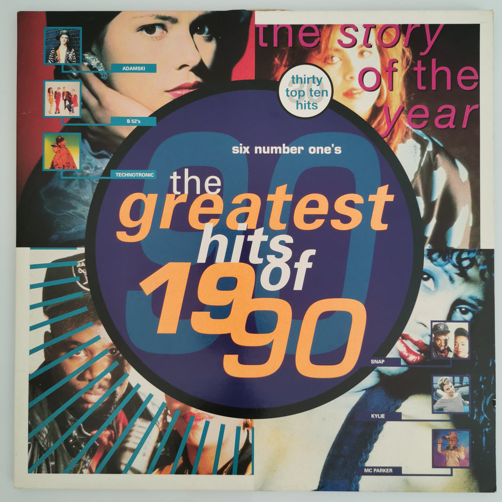 Album cover for 'The Greatest Hits of 1990' with a collage of faces and text.