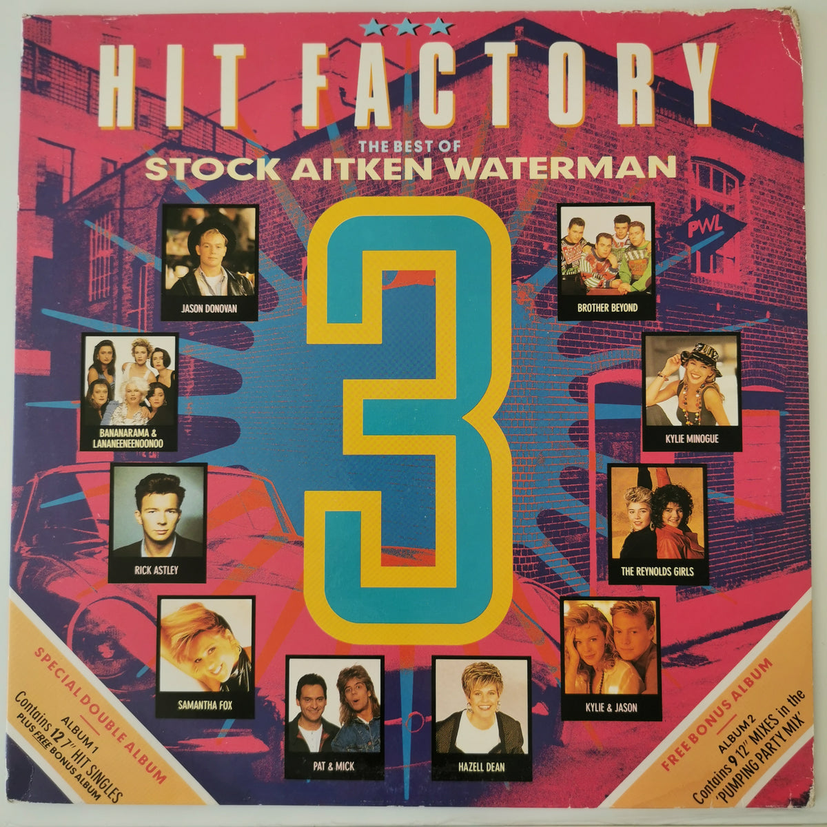 Vinyl record album cover for 'Hit Factory: The Best of Stock Aitken Waterman' Volume 3, featuring a colorful collage design with the title at the top, a large number 3 in the center, and multiple artist portrait photos around it.