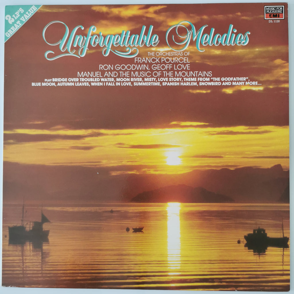 Vinyl record album cover for 'Unforgettable Melodies' by Franck Pourcel, featuring a golden sunset over a calm lake with small boats and distant mountains. The title is written in large teal script at the top, with track listings and the EMI Records logo in the upper right corner.